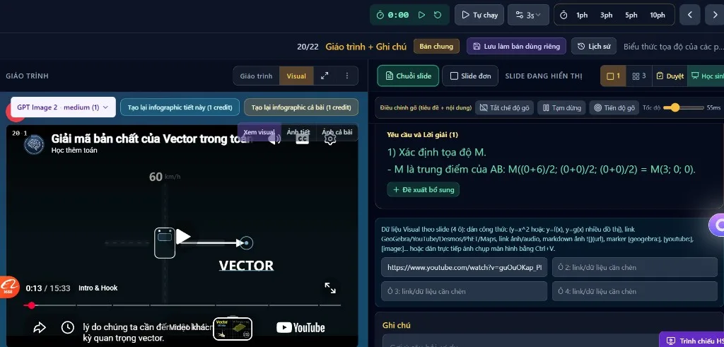 Giáo trình với video YouTube về vectơ nhúng trong bài và link youtube.com trong ô visual